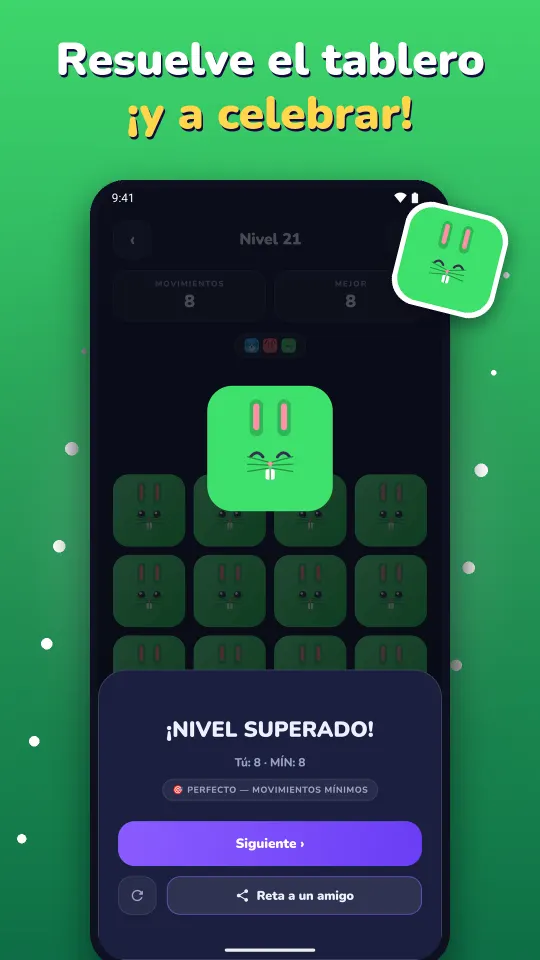 Celebración al superar un nivel con un conejito feliz