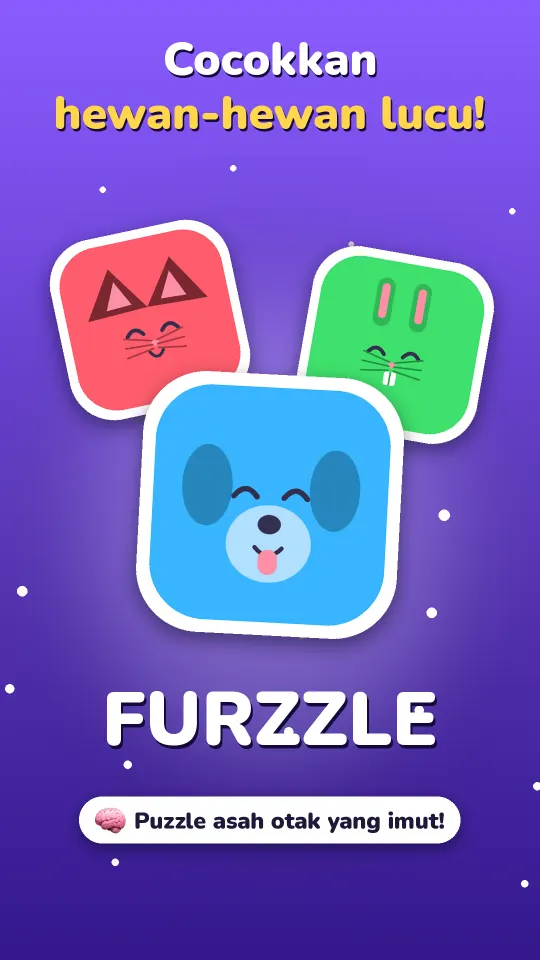 Layar judul Furzzle dengan ubin anjing, kucing, dan kelinci